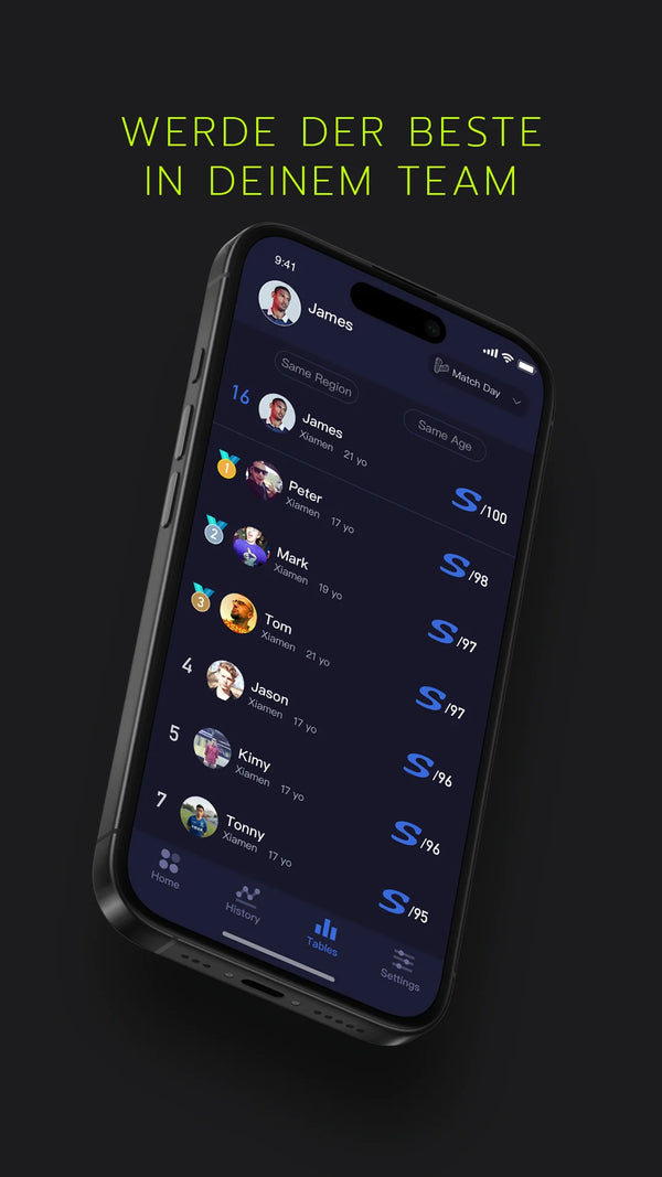 Mock-Up von einem iPhone mit der Insait Joy App, Darstellung der Tabellen Seite mit der Headline "Werde der Beste in deinem team"