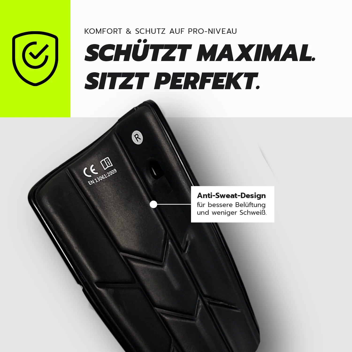 Die Innenseite der Smarten Schienbeinschoner sind komfortable gepolstert und mit einem Anti-Sweat-Design ausgestattet, Headline "Schützt Maximal. Sitzt Perfekt."