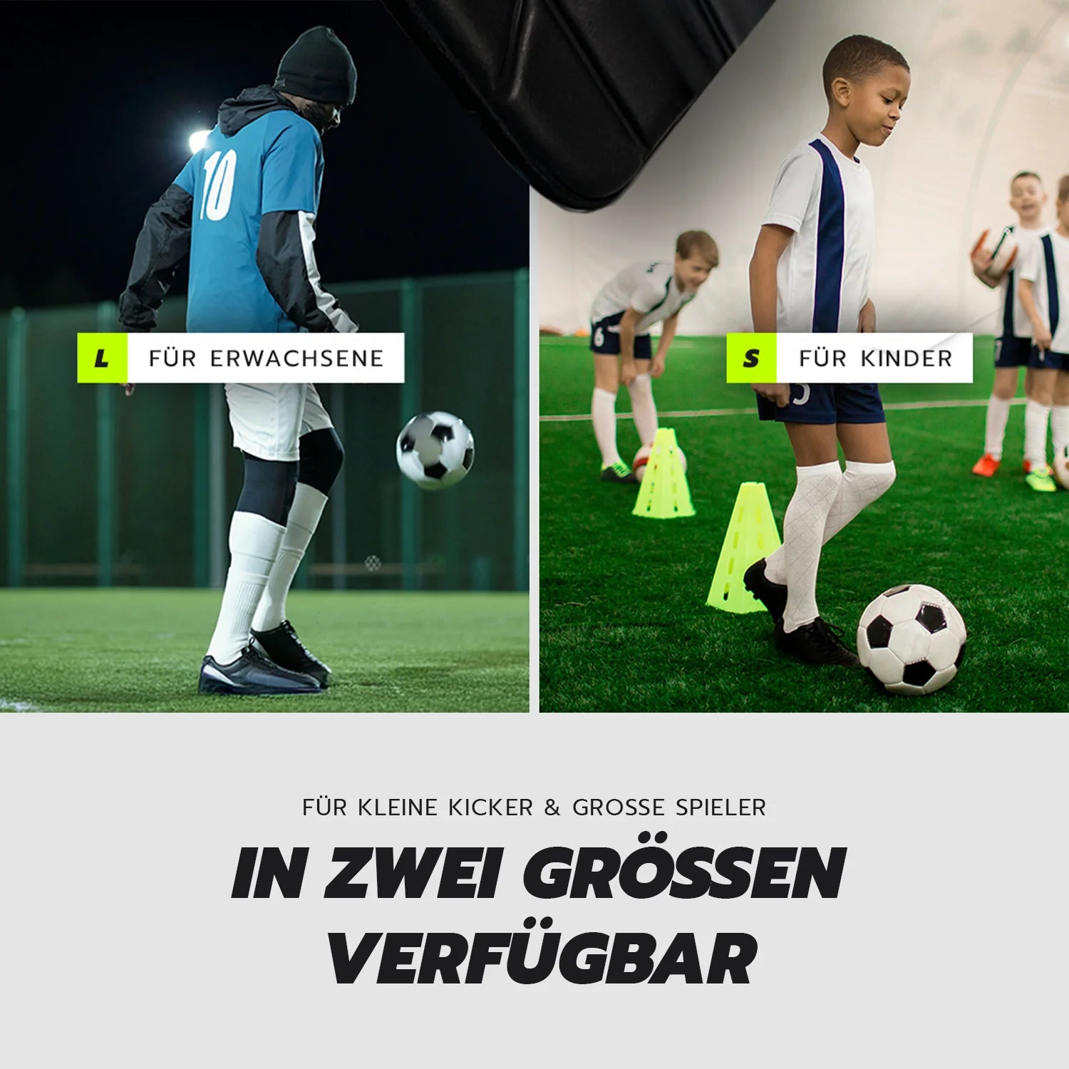 SKILLA Smart Shin Guards in zwei Größen S und L, passende Modelle für Kinder und Erwachsene nebeneinander dargestellt, mit Headline "In zwei Größen verfügbar"