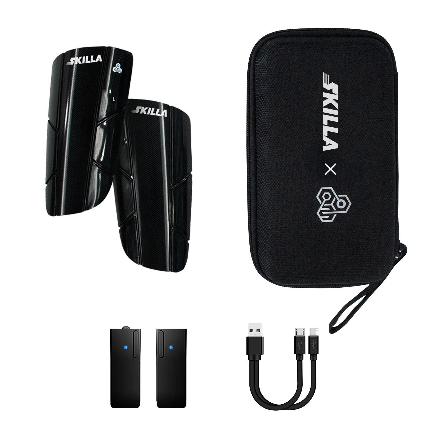 SKILLA Smart Shin Guards Set mit Schienbeinschonern, Sensoren, USB-Kabel und Transporttasche als Freisteller