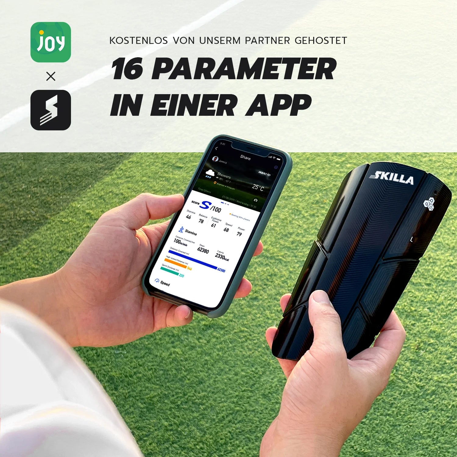 SKILLA Smart Shin Guards mit kostenloser App, für die Übersicht aller Parameter, Headline "16 Parameter in einer App"