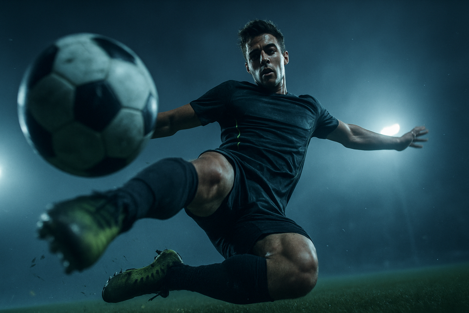 Fußballspieler beim Schuss unter Flutlicht mit SKILLA Smart Shin Guards, Headline „Own Every Move“